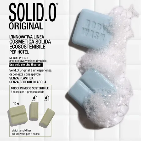 La linea cortesia SOLID.O è ecofriendly e sostenibile, offre formule ultra delicate, senza siliconi e parabeni, a pH neutro.